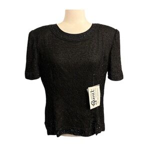 NEW Vintage Gunit Fashions Silk Beaded Top Black Short Sleeve Deadstock Size L